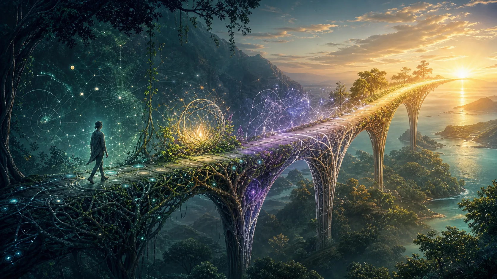 A person moving across a living bridge where nature, technology, and light become increasingly coherent