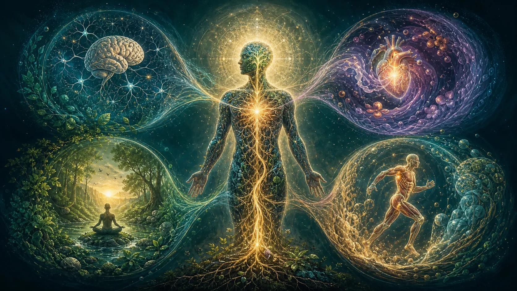 A human figure connecting neural, emotional, physical, and reflective imagery in one living system