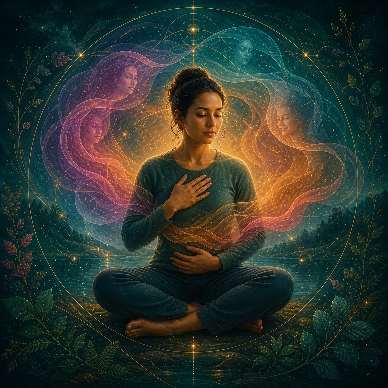 A seated woman rests one hand over her heart and one on her abdomen as flowing colors suggest changing emotions around her