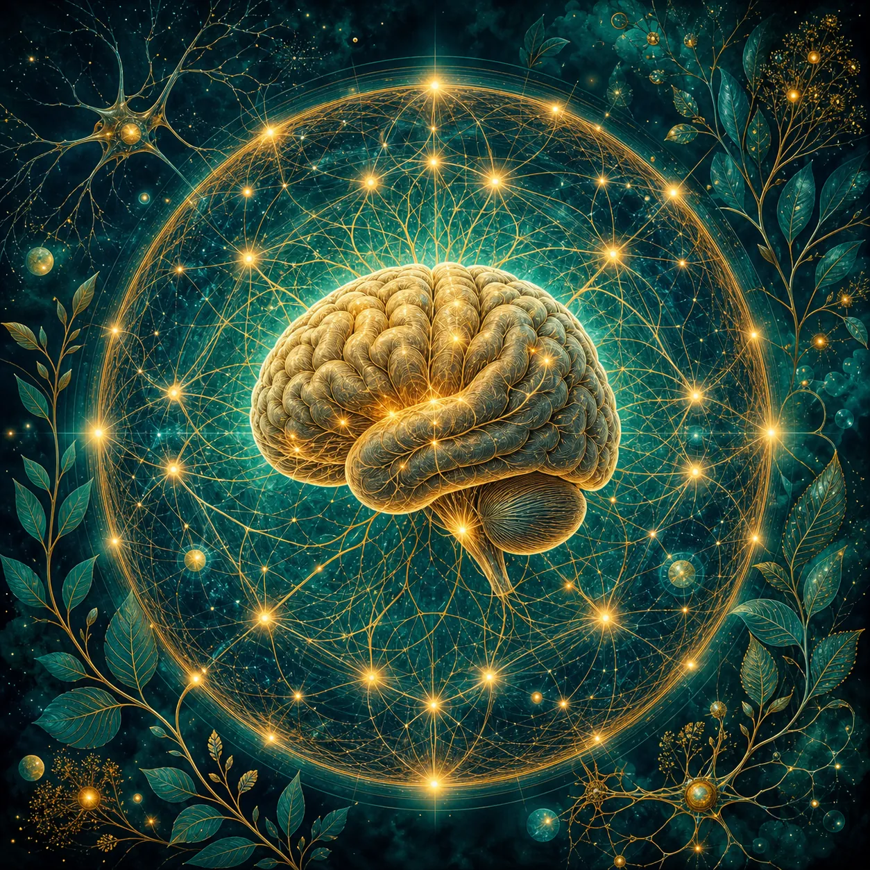 A luminous brain surrounded by interconnected neural pathways and botanical forms