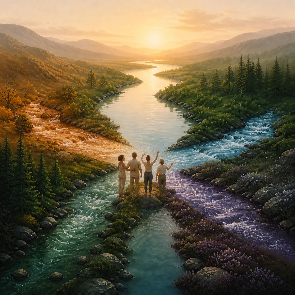 Four colored streams converge beside four adults standing together, then flow as one calm river toward a sunrise.
