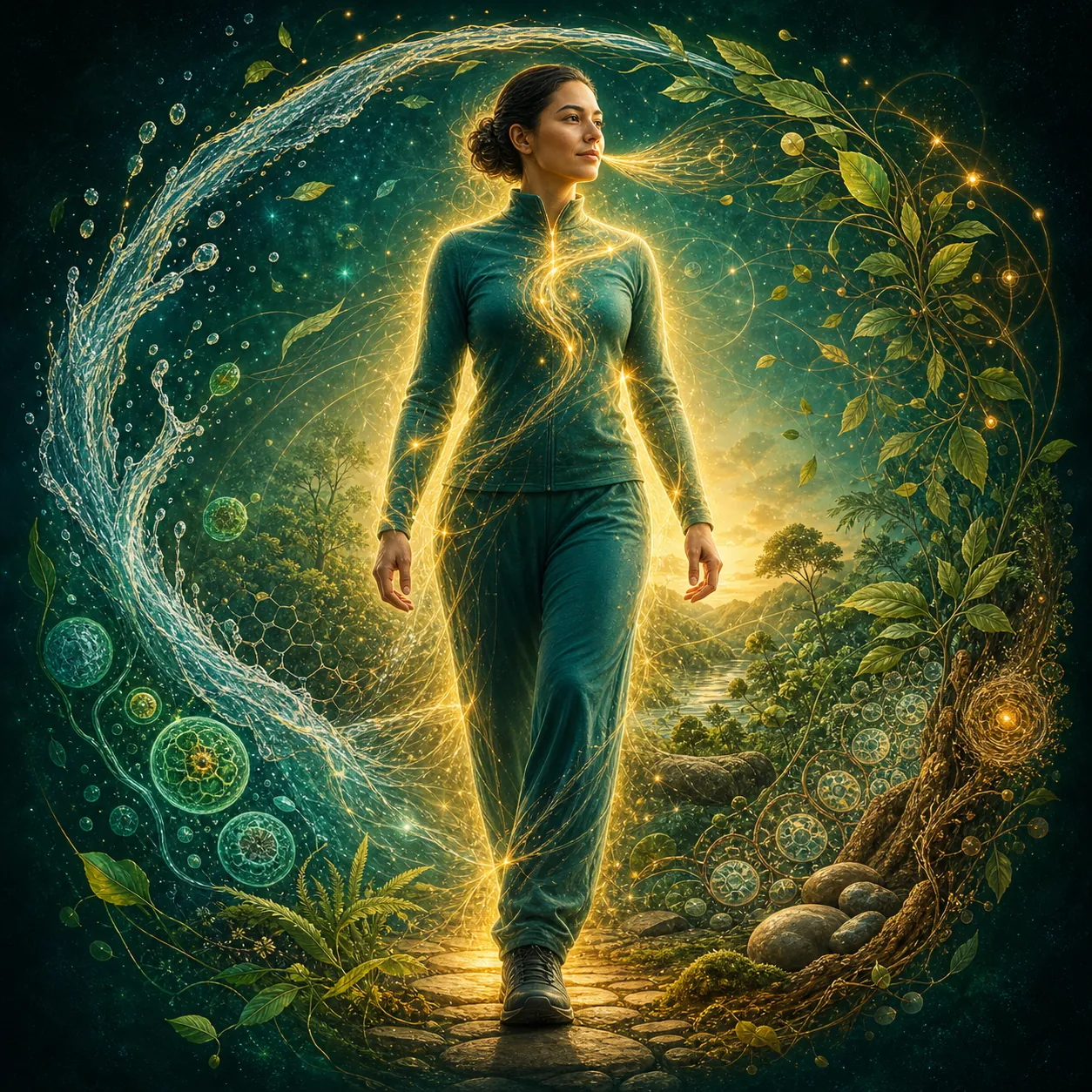 A grounded figure walking within water, leaves, earth, and golden energy