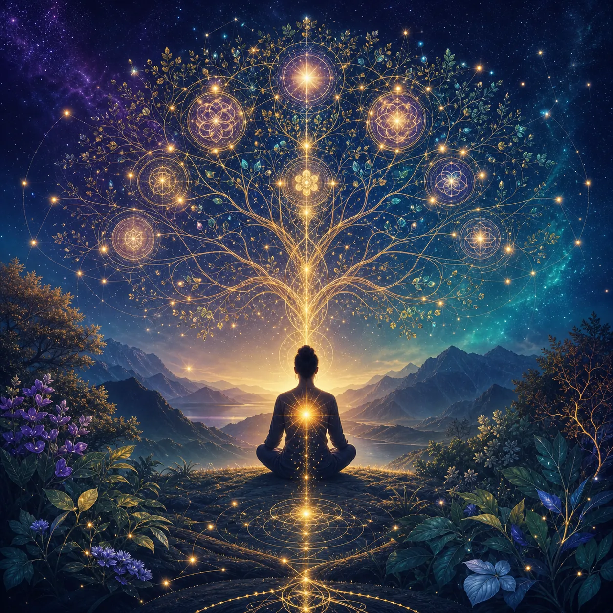 A reflective figure beneath a radiant tree of life and constellation network
